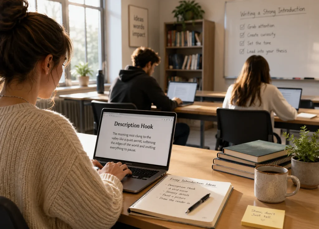 9 Different Types of Hooks for Essays (With Examples) Description hook example showing students writing essay introductions in a classroom.