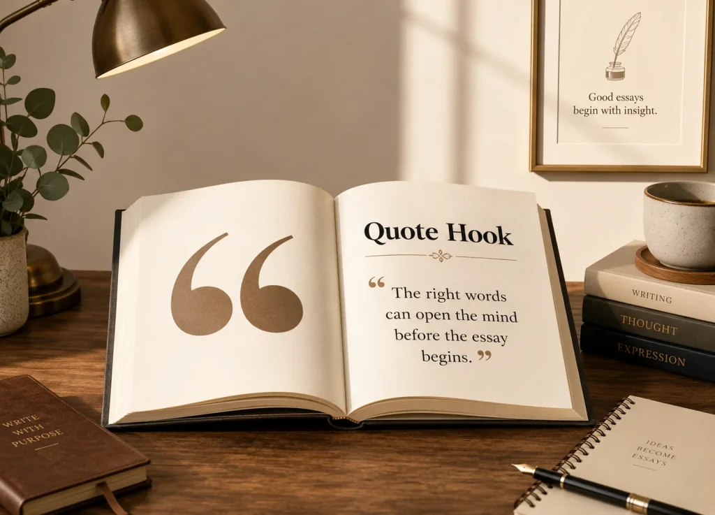 9 Different Types of Hooks for Essays (With Examples) Quote hook example for starting an essay with a meaningful quotation.