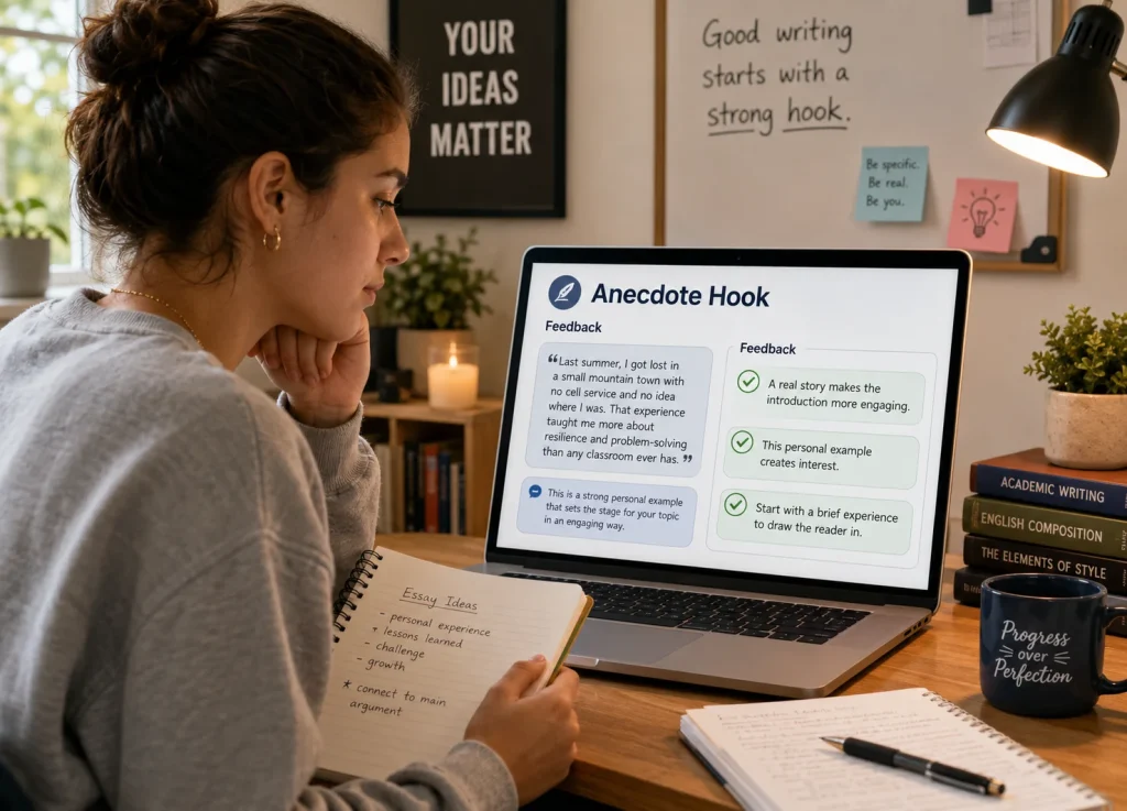 9 Different Types of Hooks for Essays (With Examples) Student learning how an anecdote hook can make an essay introduction more engaging.