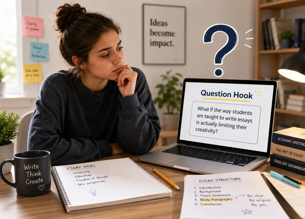 9 Different Types of Hooks for Essays (With Examples) Student thinking about how to start an essay with a question hook.