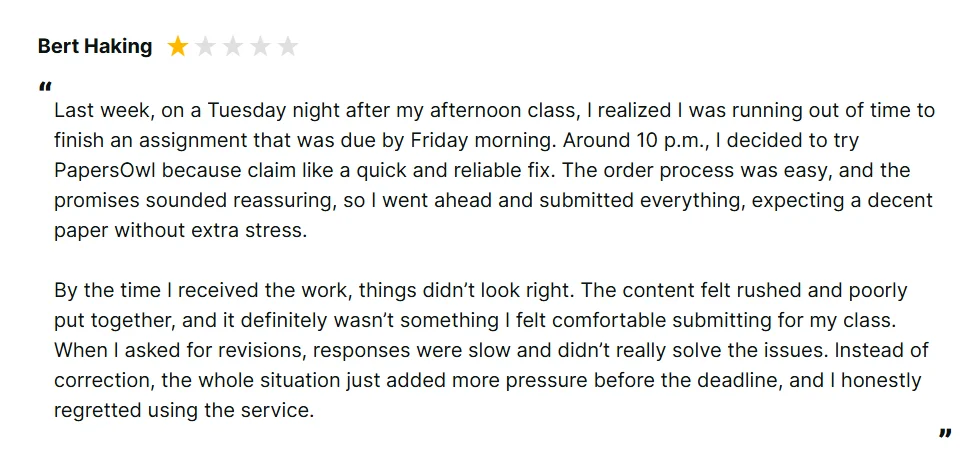 Reviews.io review describing a rushed PapersOwl assignment and slow revision responses