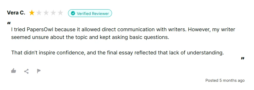 Reviews.io review saying the PapersOwl writer seemed unsure about the topic during communication