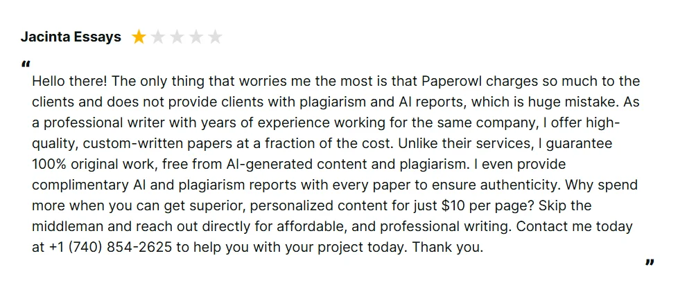 Reviews.io review claiming a PapersOwl paper contained plagiarized content and grammar mistakes