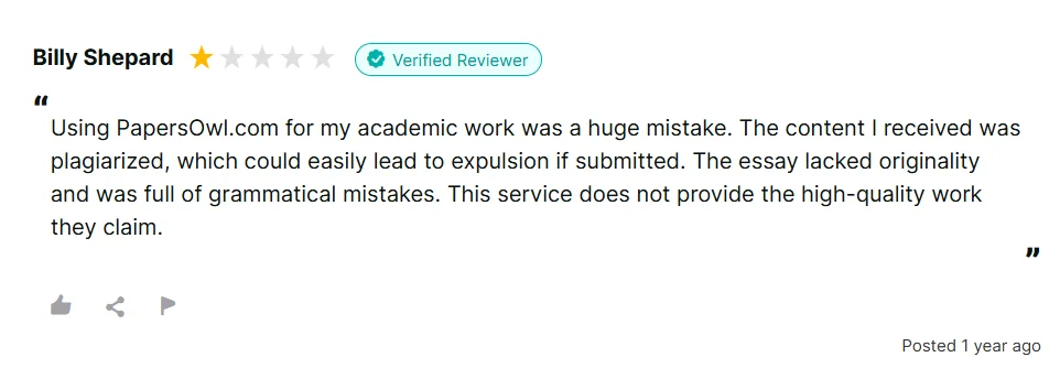 Reviews.io review saying a PapersOwl essay was full of mistakes and did not follow instructions