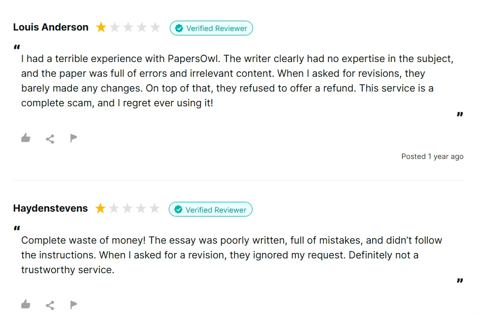 Reviews.io review claiming PapersOwl delivered an error-filled paper and refused a refund