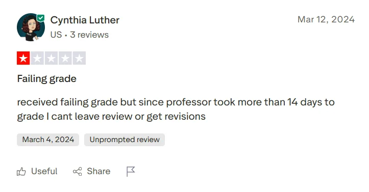 Trustpilot review questioning PapersOwl writer qualifications and mentioning grammar issues in communication