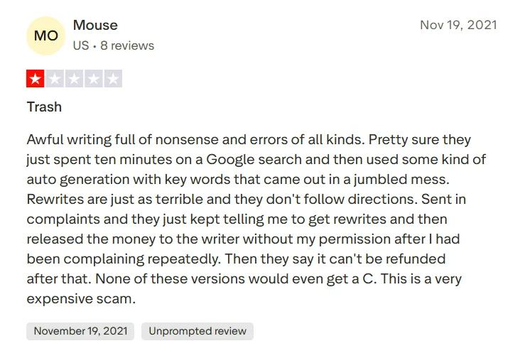 Trustpilot review claiming a PapersOwl dissertation order led to a failed result and refund frustration
