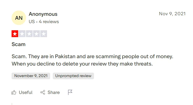 Trustpilot review alleging a scam experience and problems after refusing to delete a review.
