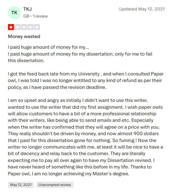 Trustpilot review saying PapersOwl work was full of errors, ignored directions, and had poor rewrites