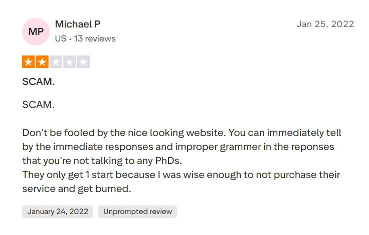 Trustpilot review saying the user received a failing grade but could not request revisions after 14 days.