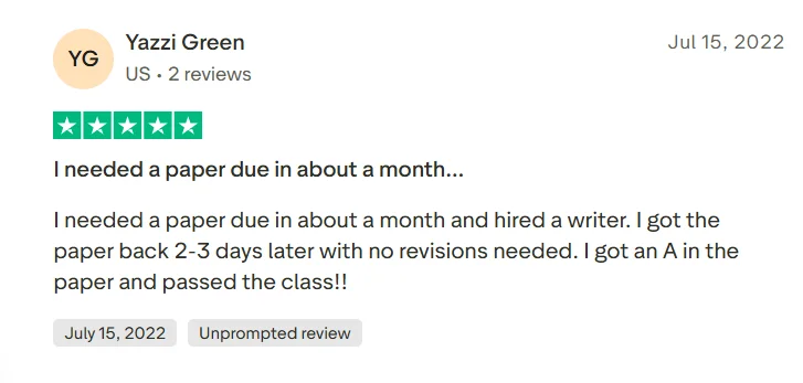 Trustpilot review saying PapersOwl completed an assignment in hours with very fast service