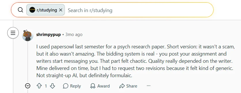 Reddit comments discussing mixed PapersOwl reviews, writer selection, pricing, and revision time