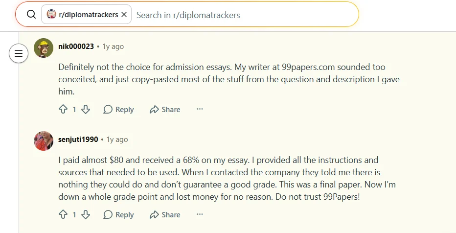 Reddit comments about 99Papers where users complain about admissions essay quality, low grades, and lack of guarantee.