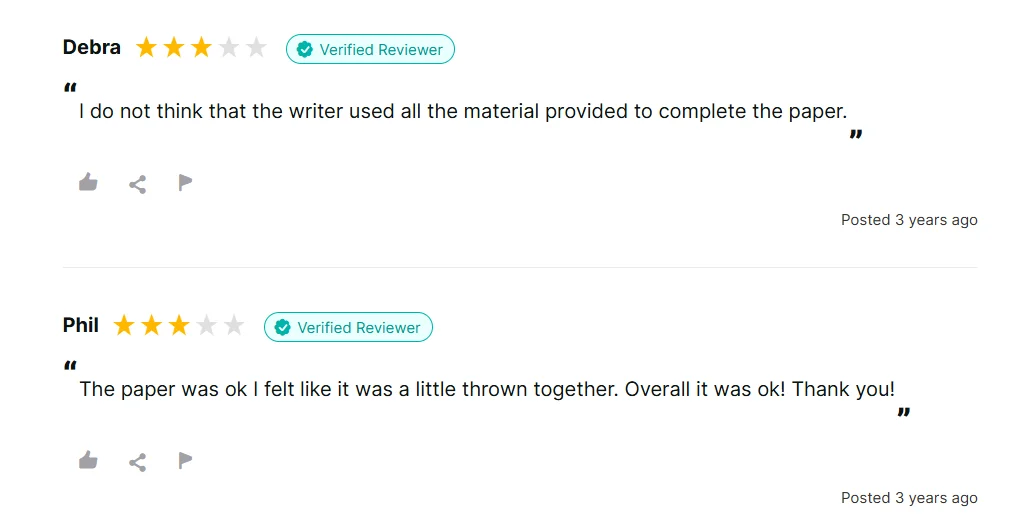 Three-star 99Papers review saying the writer did not use all provided materials.