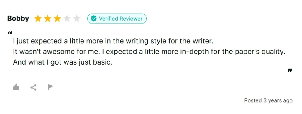 Three-star 99Papers review saying the writing style and paper quality felt basic.