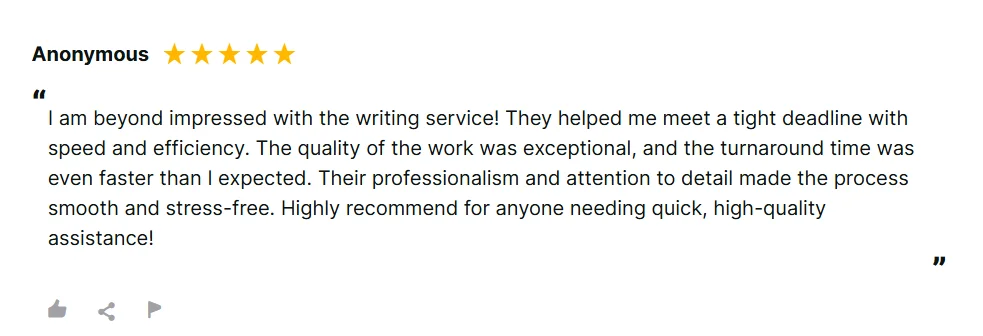 Positive 99Papers review praising fast turnaround, quality work, and help with a tight deadline.