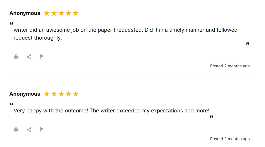 Positive 99Papers review saying the writer did an awesome job and followed the request thoroughly.
