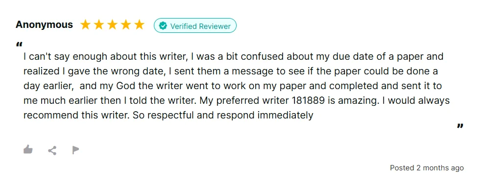 Positive 99Papers review praising the writer for finishing a paper earlier than expected and responding respectfully.
