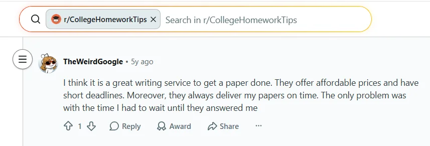 Reddit comment saying GradeMiners delivered papers on time but customer support response was slow