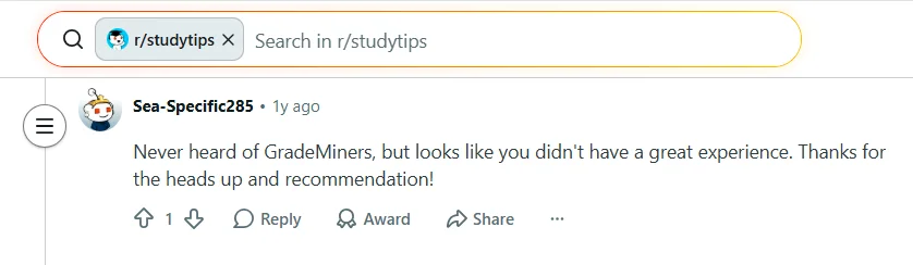Reddit comment mentioning GradeMiners in a student discussion about writing services
