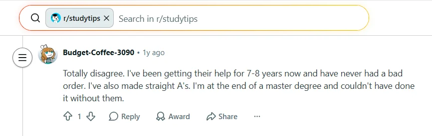 Reddit comment from a user saying they used GradeMiners for several years and had no bad order