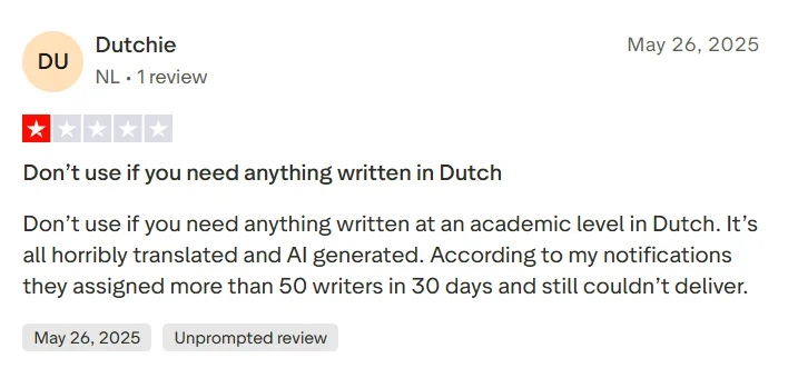 Trustpilot review warning students not to use GradeMiners for academic writing in Dutch