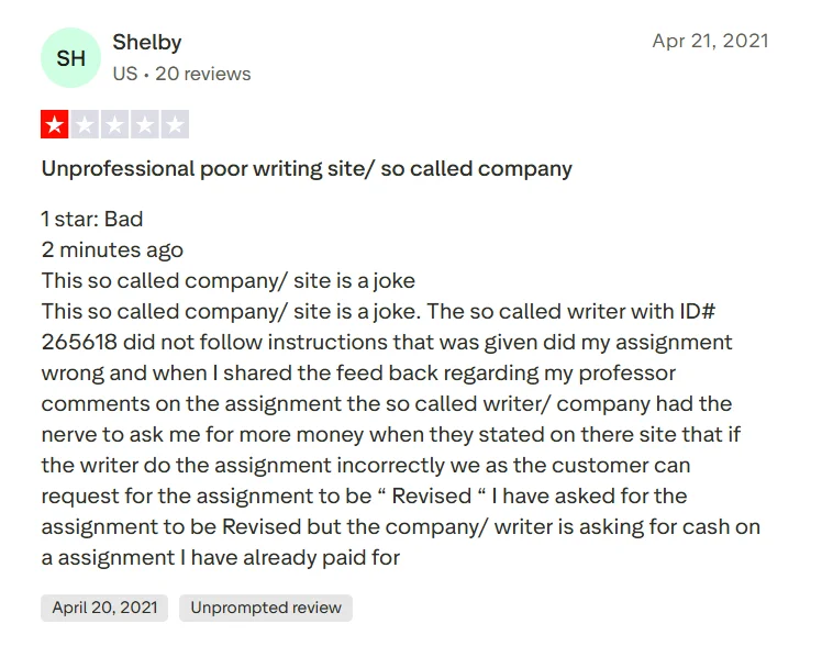 Trustpilot review complaining about poor writing, incorrect instructions, revisions, and extra payment requests