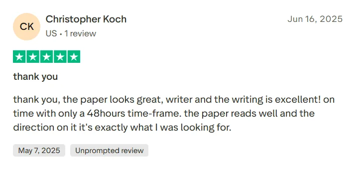 Trustpilot review saying GradeMiners delivered a paper on time within 48 hours