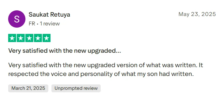 Trustpilot review saying the upgraded writing respected the voice and personality of the original work