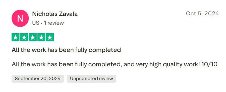 Trustpilot review saying all GradeMiners work was fully completed and high quality.
