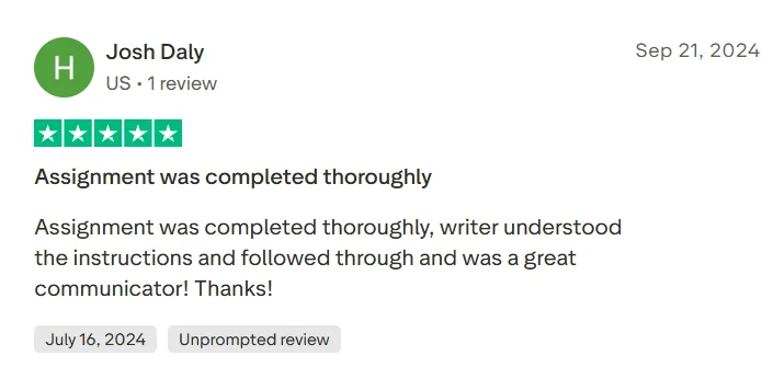 Trustpilot review saying a GradeMiners assignment was completed thoroughly and the writer communicated well