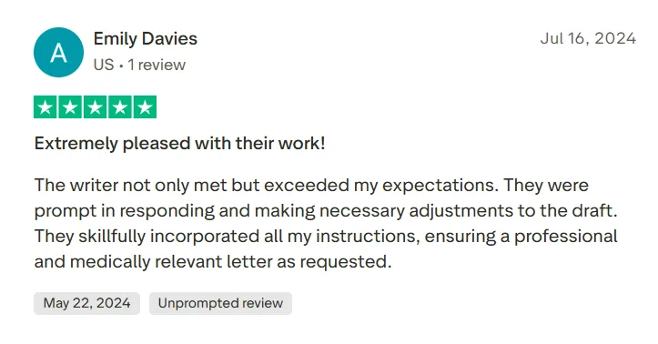 Trustpilot review saying the GradeMiners writer incorporated instructions and made draft adjustments