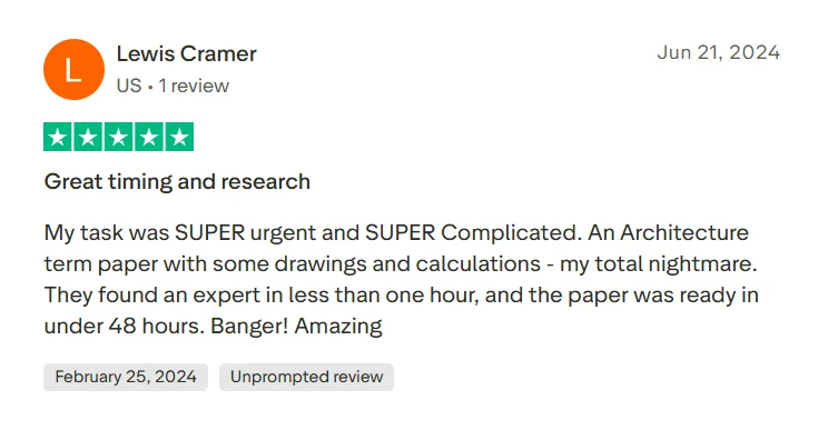 Trustpilot review praising GradeMiners for urgent architecture research completed in under 48 hours