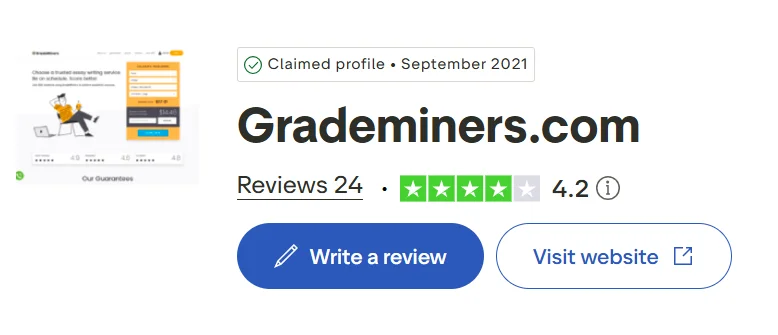 GradeMiners Trustpilot profile showing a 4.2 rating from 24 reviews and claimed profile status