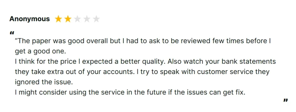 Negative verified PaperHelp review claiming misleading prices, poor writing quality, grammar mistakes, refund problems, and copy-paste support replies.