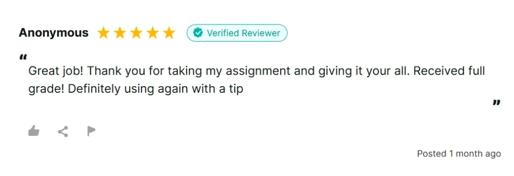 Verified PaperHelp review saying the assignment received a full grade and the reviewer would use the service again.