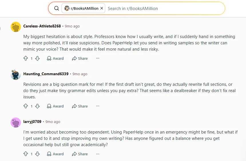 Reddit comments discussing concerns about whether PaperHelp can match a student’s writing style, provide real revisions, and avoid making students dependent on academic help.