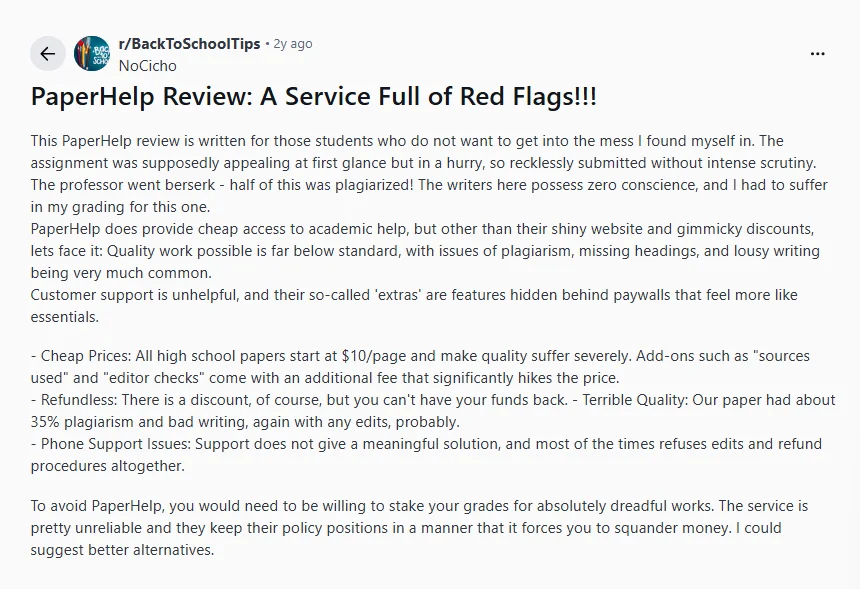 Reddit screenshot titled PaperHelp Review: A Service Full of Red Flags, claiming issues with plagiarism, poor writing, unhelpful support, and refunds.