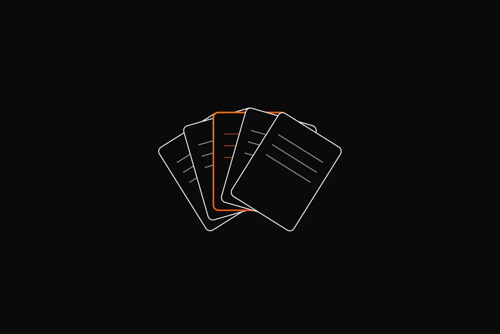 A fanned set of index cards representing the sections of a research proposal outline