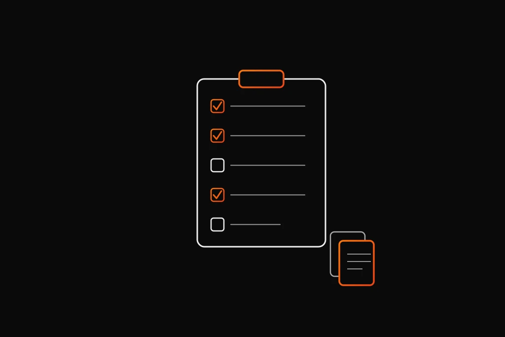 A checklist on a clipboard next to a duplicate document icon representing a copyable template