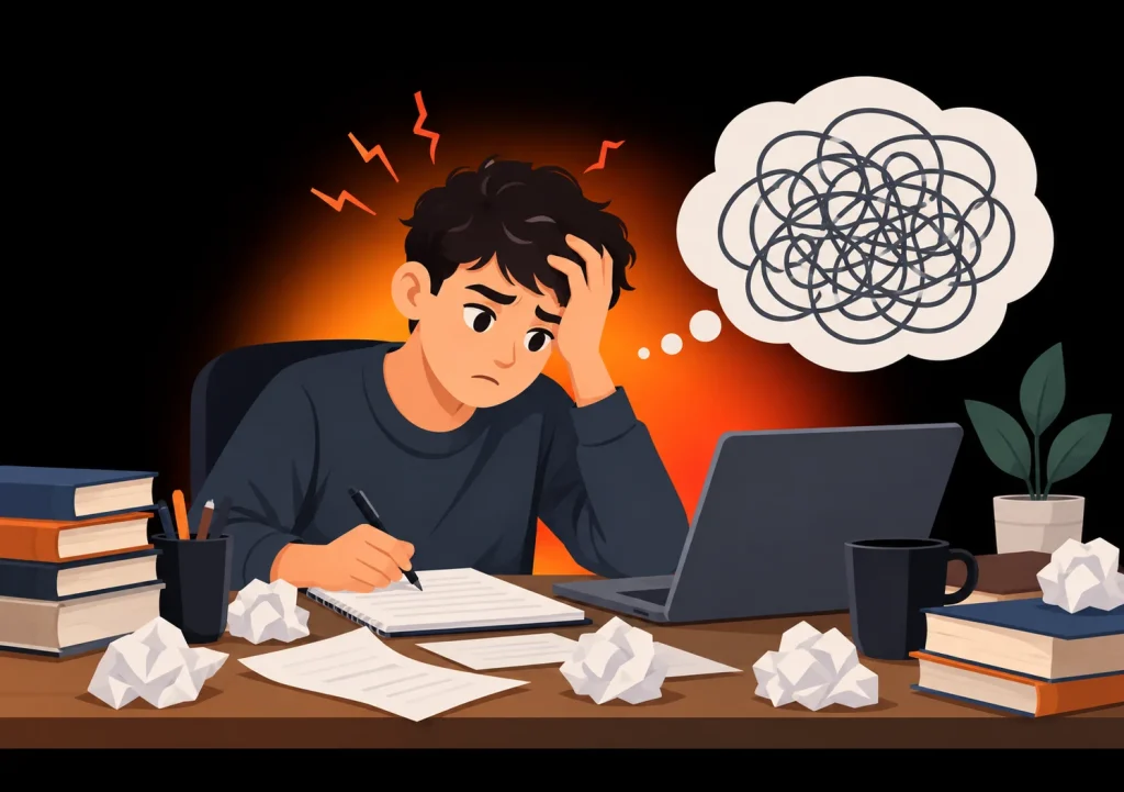 How to Write a Discussion Section of a Research Paper Student looking confused while writing the discussion section of a research paper