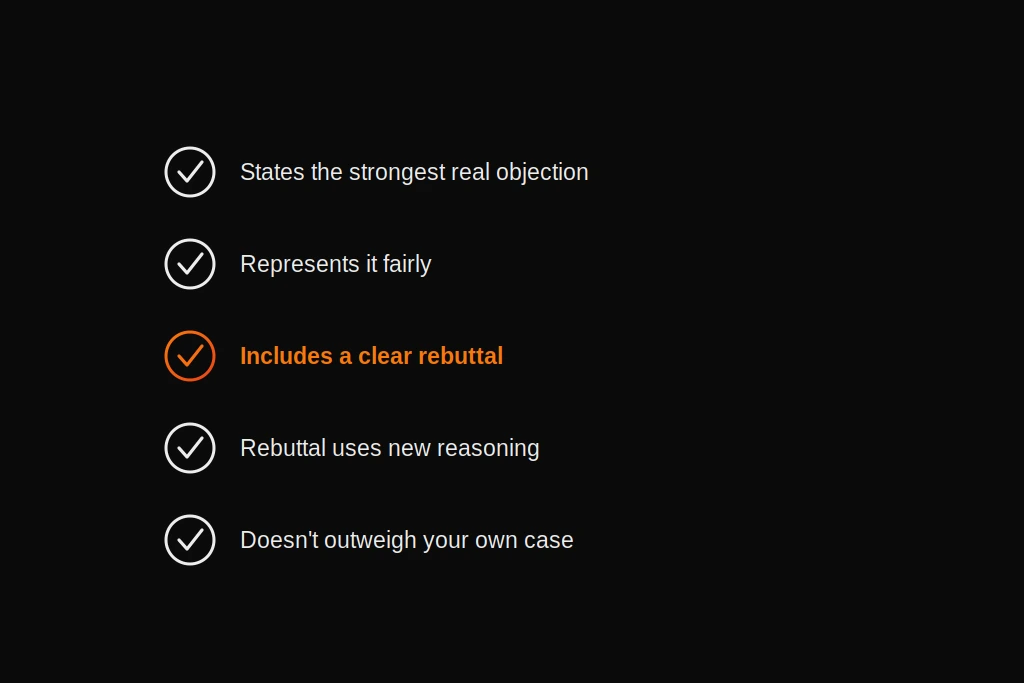 A checklist of what a strong argumentative essay counterargument must include