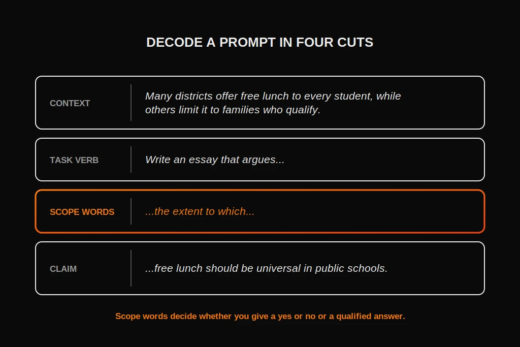 Argumentative Essay Prompts: Examples for School and AP Lang A prompt cut into context, task verb, scope words, and claim, with scope words highlighted