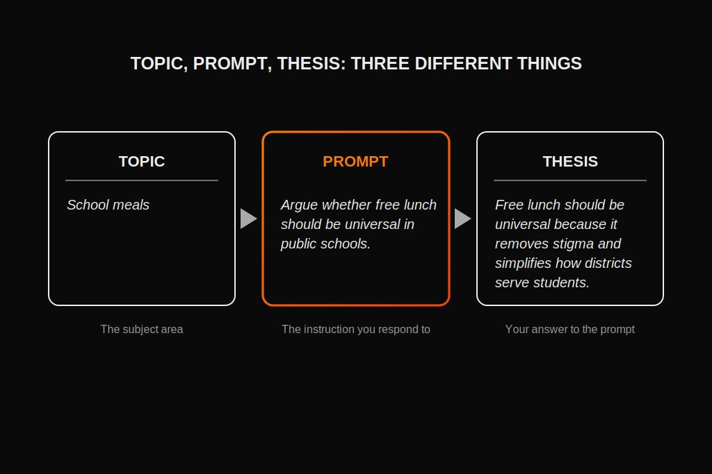 Argumentative Essay Prompts: Examples for School and AP Lang A topic, a prompt, and a thesis shown as three different things, using a free school lunch example