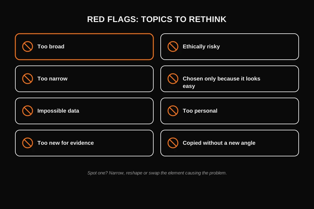 Red flags to avoid when choosing a dissertation topic, from too broad to ethically risky