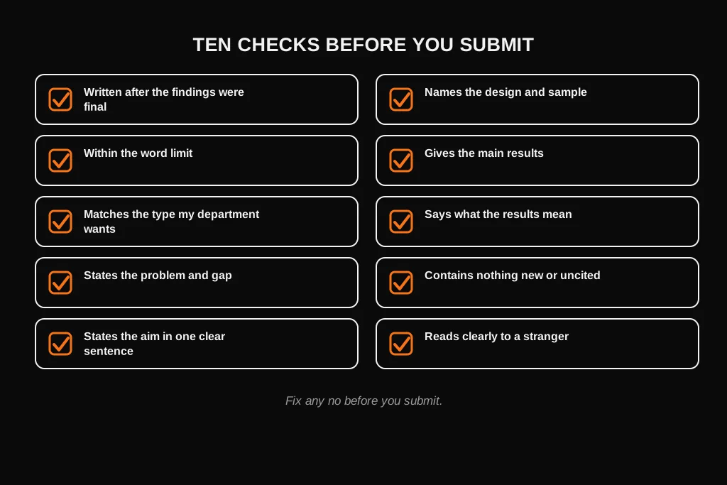 How to Write a Dissertation Abstract: What to Include, Examples and Template Checklist of ten yes or no checks before submitting a dissertation abstract