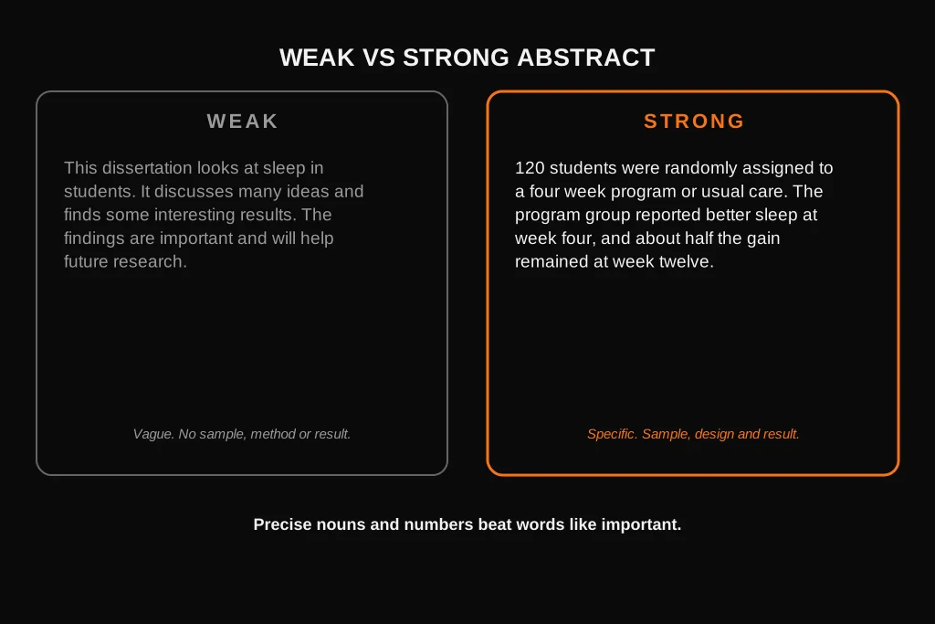 How to Write a Dissertation Abstract: What to Include, Examples and Template Comparison of a vague weak abstract and a precise strong abstract