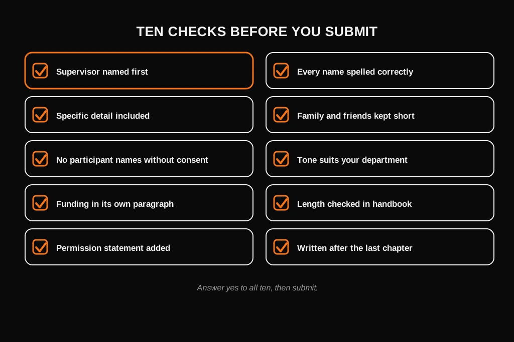How to Write Dissertation Acknowledgements: What to Include, Examples and Template Checklist of ten yes or no checks before submitting dissertation acknowledgements