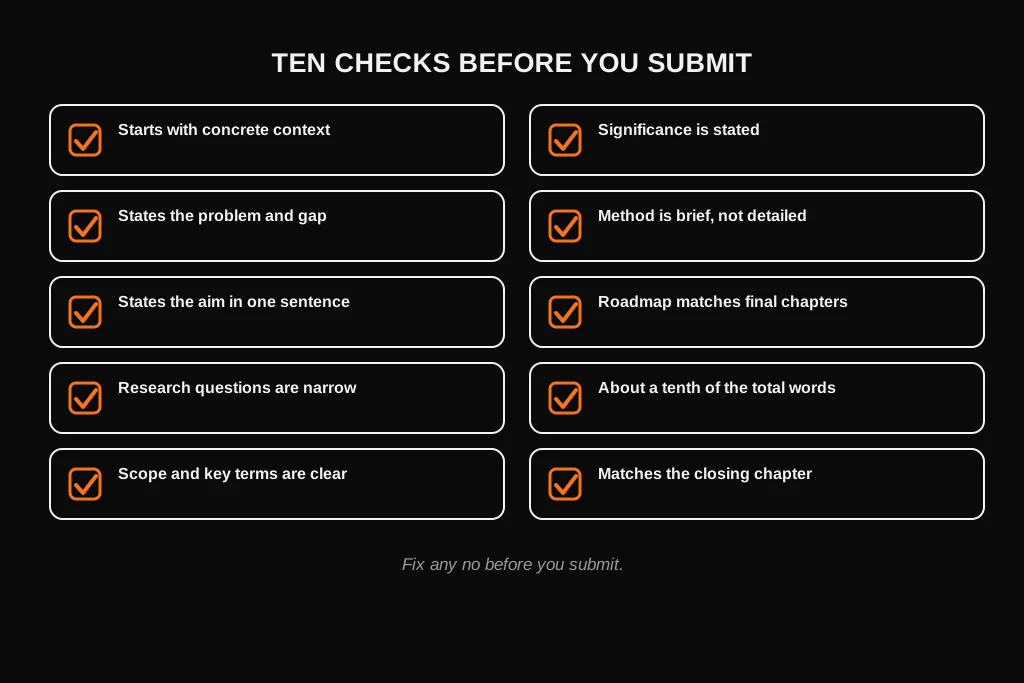 How to Write a Dissertation Introduction: What to Include, Examples and Template Checklist of ten yes or no checks before submitting a dissertation introduction