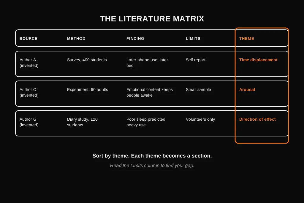 Dissertation Literature Review: What It Is, How to Write It, Examples and Structure Literature matrix with sources in rows and columns for method, finding, limits and theme